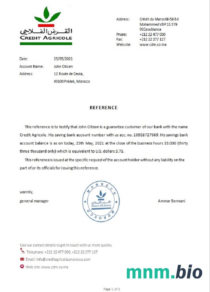 Morocco Credit Agricole Bank przykład odniesienia w formatach Word i PDF